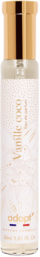 Adopt' Vanille Coco woda perfumowana 30ml, szklana butelka z złotym korkiem, biała etykieta, widok z przodu.