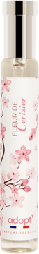 Adopt' Fleur de Cerisier woda perfumowana, biała butelka z różowymi kwiatami wiśni, srebrna nakrętka, widok z przodu.