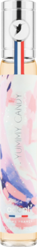 Adopt' Yummy Candy woda perfumowana, smukła butelka z różowo-niebieską etykietą i logo ptaka na korku, przód.