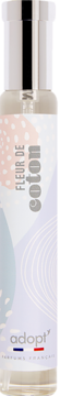 Woda perfumowana Adopt' Fleur de Coton w przezroczystej butelce, srebrny korek, etykieta z pastelowym wzorem.