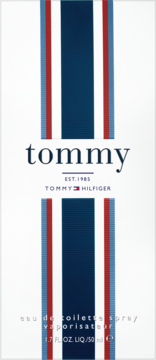 Tommy Hilfiger Tommy EDT, białe opakowanie z pionowymi pasami: niebieskie, czerwone. Widok z przodu, logo.