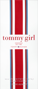 Białe opakowanie Tommy Girl Eau de Toilette 50ml z pionowymi paskami: czerwony, biały, niebieski.