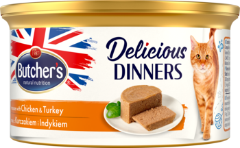 Butcher's Delicious Dinners Kurczak i Indyk, złota puszka karmy dla kota, widok z przodu, etykieta z kotem.