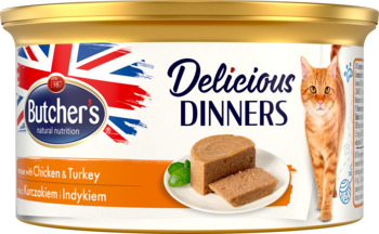 Butcher's Delicious Dinners Kurczak i Indyk, złota puszka karmy dla kota, widok z przodu, etykieta z kotem.