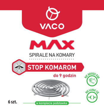 Opakowanie Vaco Max spirale na komary 6 szt., czerwono-białe, z widoczną spiralą i napisem 'Stop Komarom'.
