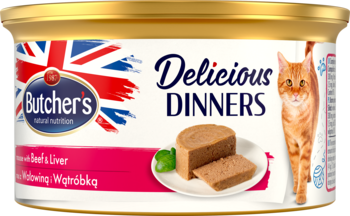 Puszka karmy dla kota Butcher's Delicious Dinners, mus z wołowiną i wątróbką, widok z przodu z kotem.