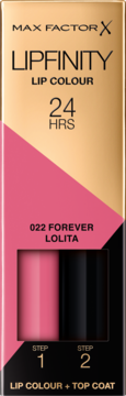 Max Factor Lipfinity Lip Colour 022 Forever Lolita, pomadka 24H w złoto-różowo-czarnym pudełku z dwoma flakonami.