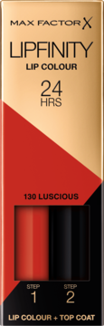 Opakowanie Max Factor Lipfinity Lip Colour 130 Luscious, dwufazowa pomadka 24h, czerwono-złote.