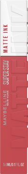Czerwone opakowanie matowej szminki Maybelline Super Stay Matte Ink, widok z przodu z pionowym napisem, 5 ml.