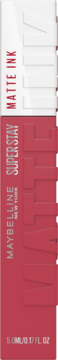 Maybelline Super Stay Matte Ink, szminka w matowo-czerwonym opakowaniu z wypukłymi napisami i białym tekstem.
