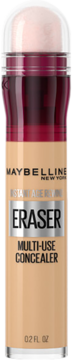Maybelline Eraser Multi-Use Concealer, beige bottle, red top, with a sponge applicator, front view.