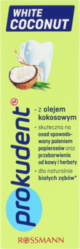 Prokudent White Coconut pasta do zębów wybielająca, zielone opakowanie z zębem i kokosem.