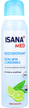 Biały dezodorant Isana Med Szałwia i Limonka w sprayu, 24h dla wrażliwej skóry, bez alkoholu, z limonkami.