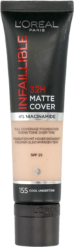L'Oréal Infaillible Matte Cover podkład w czarnej tubce, odcień 155 Cool Undertone, widok z przodu.