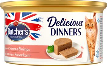 Złota puszka karmy Butcher's Delicious Dinners dla kota, mus z łososiem i krewetkami, przód opakowania.