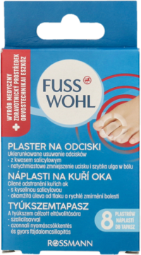 Fuss Wohl Plastry na odciski z kwasem salicylowym, niebiesko-czerwone opakowanie z grafiką stopy, widok z przodu.