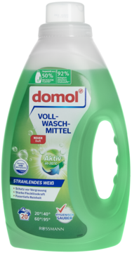 Domol Voll-Waschmittel w zielonej butelce z recyklingu, widok z przodu. Detergent aktywny od 20°C.
