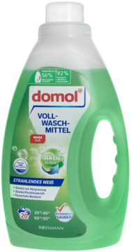 Domol Voll-Waschmittel w zielonej butelce z recyklingu, widok z przodu. Detergent aktywny od 20°C.