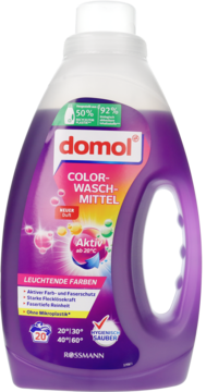 Fioletowy płyn do prania Domol Color w butelce 1,1l, aktywny od 20°C, widok z przodu.
