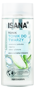 Przezroczysty tonik do twarzy ISANA z aloesem i gliceryną, do skóry normalnej i mieszanej, widok z przodu.