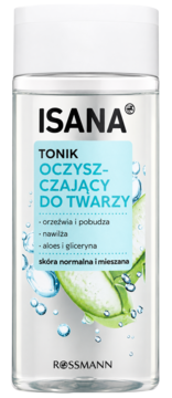 ISANA Tonik Oczyszczający do Twarzy, do normalnej i mieszanej skóry, z aloesem, gliceryną, przezroczysta butelka, przód.