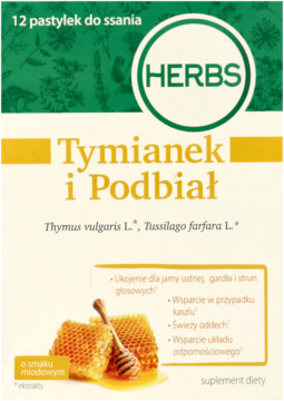 Białe opakowanie z zielonymi wzorami, Herbs Tymianek i Podbiał, 12 miodowych pastylek do ssania.