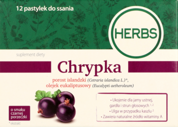 Front pudełka Herbs Chrypka, 12 pastylek do ssania na gardło z porostem islandzkim i czarną porzeczką.