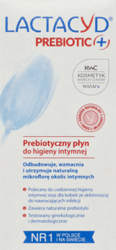 Lactacyd Prebiotic płyn do higieny intymnej, białe opakowanie z niebieskim wzorem i napisem NR1.