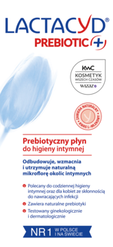 Lactacyd Prebiotic, prebiotyczny płyn do higieny intymnej. Białe opakowanie z błękitnym wzorem, widok z przodu.