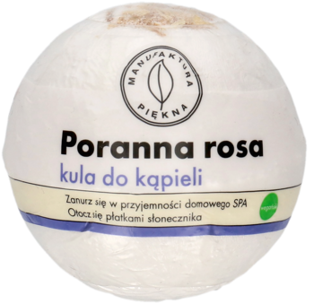 Biała, kulista kula do kąpieli Poranna rosa Manufakturowa Piękna, z naturalnymi płatkami, widok z przodu.