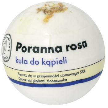 Biała, musująca kula do kąpieli "Poranna Rosa" z napisem i suszonymi płatkami słonecznika na górze, widok pod kątem.