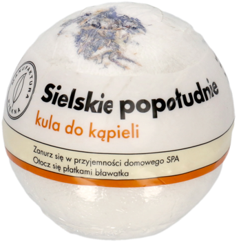 Biała, okrągła kula do kąpieli Sielskie popołudnie, owinięta folią, z czarnym napisem i pomarańczową etykietą, widok z przodu.