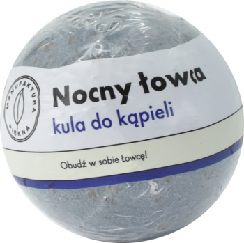 Musująca kula do kąpieli Nocny Łowca, szara, owinięta folią, z białą etykietą i niebieskim paskiem, widok z góry.