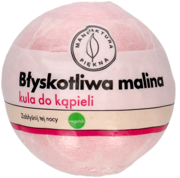 Różowa kula do kąpieli Błyskotliwa malina, w przezroczystej folii, widok z przodu, z białym paskiem i napisami.