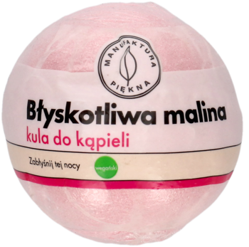 Różowa kula do kąpieli Błyskotliwa malina, w przezroczystej folii, widok z przodu, z białym paskiem i napisami.