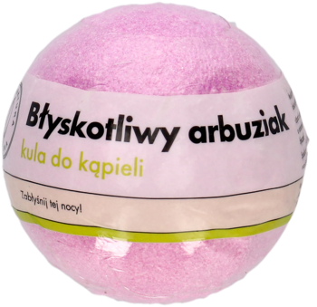 Musująca różowa kula do kąpieli "Błyskotliwy arbuziak" z brokatem, widok z przodu, w folii.