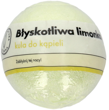 Jasnozielona, owinięta folią kula do kąpieli o zapachu limonki "Błyskotliwa Limonka", widok z przodu.