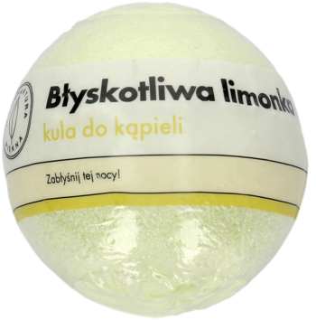 Jasnozielona, owinięta folią kula do kąpieli o zapachu limonki "Błyskotliwa Limonka", widok z przodu.