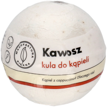 Kremowa kula do kąpieli Kawosz z etykietą i logo liścia. Widok z góry, z zapachem kawy i przypraw.