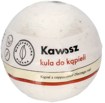 Kremowa kula do kąpieli Kawosz z etykietą i logo liścia. Widok z góry, z zapachem kawy i przypraw.