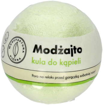 Zielona, musująca kula do kąpieli Modżajto z brokatem, widok z przodu z etykietą i logo liścia.