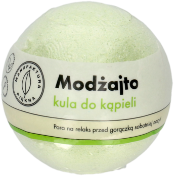 Zielona, musująca kula do kąpieli Modżajto z brokatem, widok z przodu z etykietą i logo liścia.