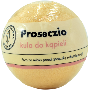 Musująca kula do kąpieli Prosecczio, jasnożółta z brokatem, w folii ochronnej, widok z przodu etykiety.