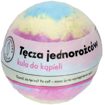 Tęczowa kula do kąpieli Jednorożców, wielokolorowa (róż, żółć, błękit), z etykietą, zbliżenie z przodu.