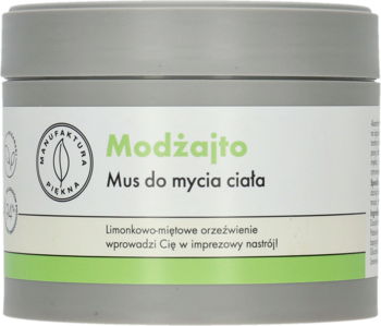 Modżajto Mus do mycia ciała, limonkowo-miętowy, w szarym, okrągłym słoiku z zielonym napisem, widok z przodu.