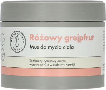 Szary słoik musu Manufaktura Piękna Różowy Grejpfrut do mycia ciała, z różowym paskiem, widok z przodu.