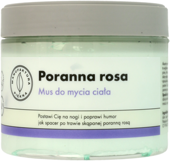 Poranna rosa Mus do mycia ciała w zielonej puszce z szarym wieczkiem, widok z przodu. Orzeźwiający zapach.