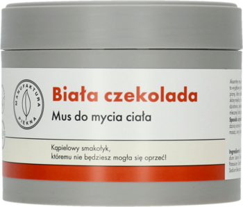 Szary słoik Manufaktura Natura Biała czekolada mus do mycia ciała, widok z przodu, pomarańczowy napis.