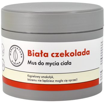 Mus do mycia ciała Biała czekolada w szarym słoiku, widok z przodu, biała etykieta z czerwonym tekstem.