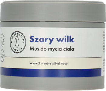 Szary Wilk Mus do mycia ciała, szary słoik z białą etykietą. Widok z przodu, męski zapach z węglem.